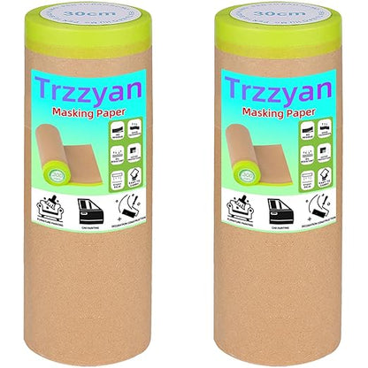 2 Roll 12Inchx50Feet Pre-Taped Masking Paper Roll - Heavy Painters Paper with Adhesive, Tear-Resistant for Auto Body, Wall Painting, Floor Protection, Furniture&DIY Projects (2, 12inch*50feet)