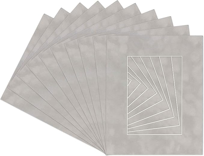 Pack of Ten Acid Free 11x14 Mats Bevel Cut for 8.5x11 Photos - Light Grey Suede Precut Matboards With Backing Boards and Self Seal Photo Mat Bags For Pictures, Photos, Framing - 4-ply Thickness