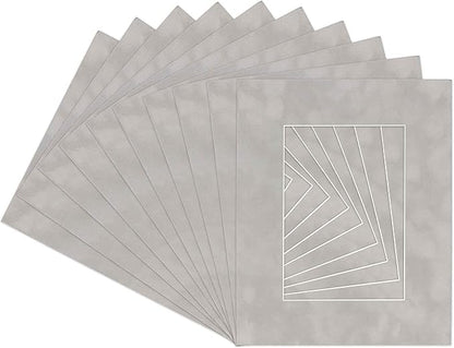 Poster Palooza Pack of Ten 8x10 Mats Bevel Cut for 6x8 Photos - Acid Free Light Grey Suede Precut Matboards for Pictures, Photos, Framing - 4-ply Thickness