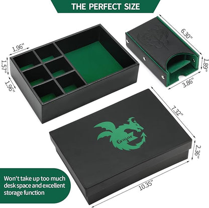 3 in 1 Dice Tray with Lid, Portable Dice Box Storage, D&D RPG MTG Table Games (Green)