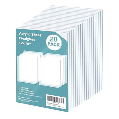 Egofine Plexiglass Sheets Acrylic Sheets 20 Pack of 12x16’’ 0.04 Thick Clear Plastic Cast Transparent Plexi Glass for Crafting Projects, Replacement Picture Frame Glass, DIY Display, Easy to Cut