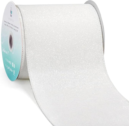 CT CRAFT LLC Glitter Wired Ribbon 4" x 10 Yards White for Christmas Home Decor Bow Gift Wrapping DIY Crafts Wreath