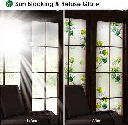 DKTIE Eucalyptus Leaves Stained Glass Window Film with Installation Tools, INS Style Window Privacy Film Decorative, Nordic Style for Home Decor (S541, 17.7'' x 118.1'')