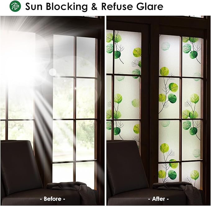 DKTIE Eucalyptus Leaves Stained Glass Window Film with Installation Tools, INS Style Window Privacy Film Decorative, Nordic Style for Home Decor (S541, 17.7'' x 78.7'')