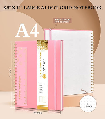 Dotted Notebook, Spiral Notebook Journal 8.5” x 11”, A4 Large Dot Grid Notebooks for Women Men, 100 GSM Dotted Paper, Plastic Hardcover Spiral Bullet Journals for Work School Sketching, Pink