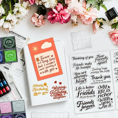 6 Pcs Greeting Words Clear Stamps for Card Making Supplies 20 Ink Pad 3 Acrylic Stamp Block Silicone Stamp with Holiday Bless Happy Birthday Stamps for Crafting DIY Scrapbooking Journal