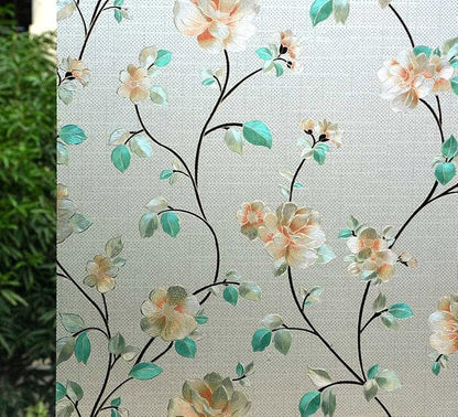 VSUDO Static Cling Decorative Window Privacy Film – Frosted Privacy Window Film with Jasmine Floral & Stained Glass Design, Adhesive-Free Tint for Home, Bathroom & Office (23.6" x 78.7")