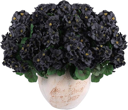 Hananona 12 Pcs Artificial Geranium Flowers for Outdoors Geranium Silk Flowers Outdoor UV Resistant Garden Plants Faux Black Flower for Home Kitchen Halloween Table Centerpieces Decor (12, Black)