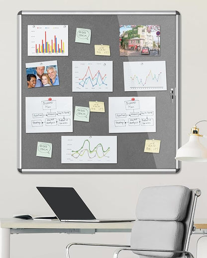 38"x38" Enclosed Bulletin Board, Lockable Weather-Resistant Aluminum Cork Noticeboard for School & Office, Silver Frame w/Grey Flet