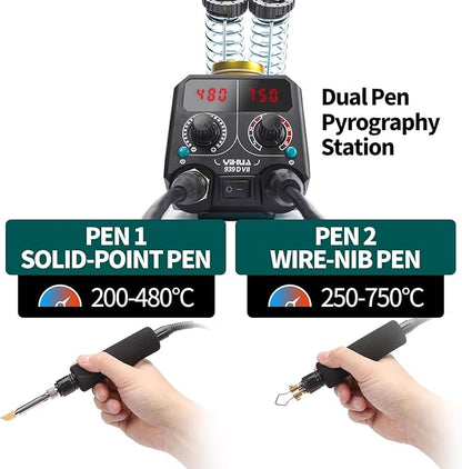 YIHUA 939D-VII Pyrography Tool Wood Burning Pen Kit Station 2-in-1 Solid-Point 200~480°C (with Temp Display)/Wire-Nib 250~750°C with 23 Nibs, 50 Solid Points, 6 Woodpieces