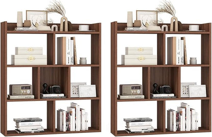 Giantex 7 Cube Bookshelf of 2, Free-Standing Wooden Bookcase, 4 Tier Home Display Shelf, Horizontal Storage Unit w/Anti-Toppling Devices, Open-Back Display Rack for Study, Living Room, Walnut