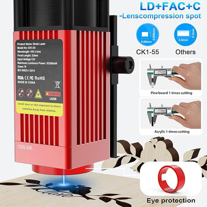 Coolook CK1-55 Laser Engraver, 5.5W Laser Engraving Machine, Laser Engraver Machine, Laser Cutter for Wood, Metal, Aluminum, Glass, Leather, 500mm/s Speed, 32-Bit Main Chip, 300x300mm Engraving Area