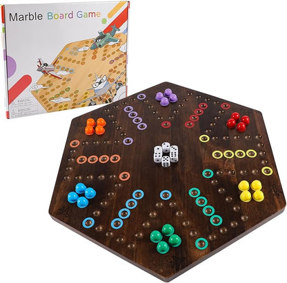 Large Size 20 inches Wood Wahoo Marble Board Game 2 Sided Game 4-6 Player for Friends and Family Party,Classic Stragecy Trouble Game with 6 Dices,24 Marbles(Rustic Brown)