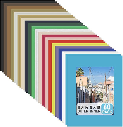 60 Pack Picture Mats 11 x 14 Inch Frame Mattes Matting with Acid Free Pre Cut Mattes White Core Bevel Cut Mats for 8 x 10 Pictures for Home Gallery Wall Hanging Art Decoration (Mixed Colors)