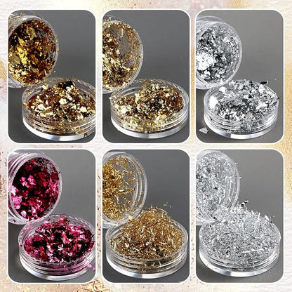 6 Bottles Holographic Nail Glitter Foils, Metallic Gold Silver Hot Pink Ultra-Thin Aluminum Foil Flakes for Nails, Resin Jewelry Making, Painting Art Nail Supplies DIY Manicure Charms Decorations