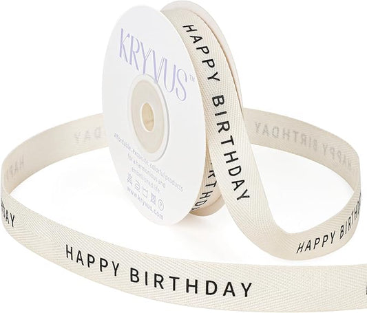 Happy Birthday Ribbon - 5/8 Inch x 12 Yards Natural Twill Tape Ribbon, Cotton Herringbone Ribbons for Gift Wrapping, Birthdays, Christmas, Anniversaries, Mother's Day