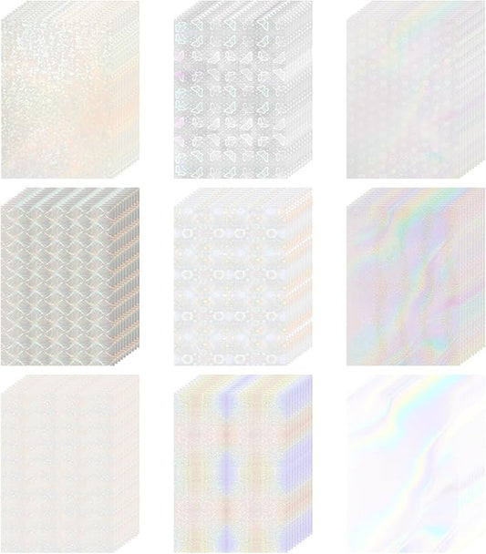 STARVAST 90 Sheets Holographic Sticker Paper, Transparent Holographic Vinyl Laminate Sheets, Self Adhesive A4 Size Printable Holographic Paper with Gem Rainbow Spot Star Patterns