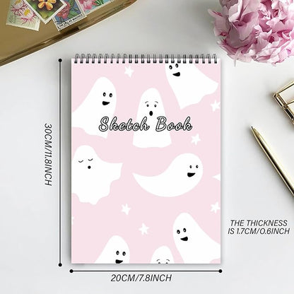Cabreche Sketch Book Top Spiral Bound Sketch Pad, 9 x 12 inch,100GSM Thick Paper,50 Sheets 100 Pages,Art Sketchbook Artistic Aesthetic Writing Drawing Paper for Girls Women Cool Little Specter-Pink
