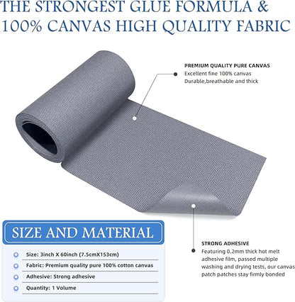 KING MOUNTAIN Canvas Iron on Patch,3"×60",Waterproof 100% Cotton Fabric Repair Patch,Used for Various Sofa,Tent,Clothes,Seats,Suitcases (Light Gray)
