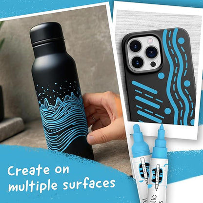 4 Dual Tip Blue Paint Pen Metallic - Fine Tip & Medium Acrylic Markers - Blue Paint Marker for Metal, Wood, Rock Painting, Canvas, Ceramic, Glass, Fabric, Leaf and Plastic - Water-based Ink