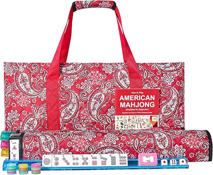 American Mahjong Game Set, 166 White Tiles, 4 All-in-One Color Rack/Pushers, Complete Mahjong Tile Set Red Printed Carrying Bag