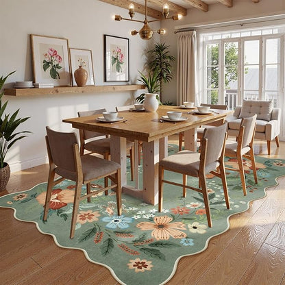 Beeiva Washable Rugs 5x7 - Scalloped Floral Printed Soft Non Slip Green Rug for Bedroom Under Bed Boho Living Room Rugs Ultra-Thin Low Pile Carpet for Playroom Dining Room Dorm(Green,5x7ft)