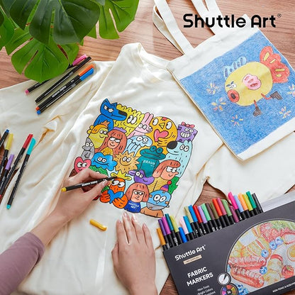 Shuttle Art 36 Colors Fabric Markers, Permanent Shirt Markers for Clothes Sneakers Jeans with 11 Stencils 1 Fabric Sheet, Fabric Pens for Kids Adult Painting Writing