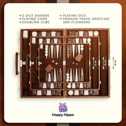 Backgammon Board Game, Deluxe Leather Like Case, Felt Interior, Brown, Classic Backgammon Game, Popular Board Game, Board Games (Large (18"))
