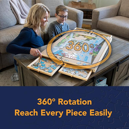 Bits and Pieces Rotating Puzzle Board with Drawers – 1500 Piece Jigsaw Puzzle Table Organizer with Lazy Susan Spinner – The Original Premium Wooden Puzzle Board for Adults, Portable & Durable Design