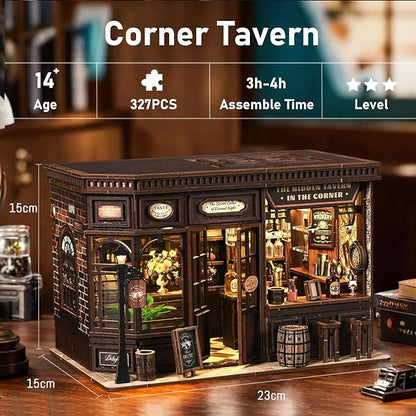 Book Nook Kit - DIY Miniature Dolls House Kit with Furniture and LED Light, 3D Puzzle Wooden Art Bookends, Model Kits for for Adults and Teens (Corner Tavern)