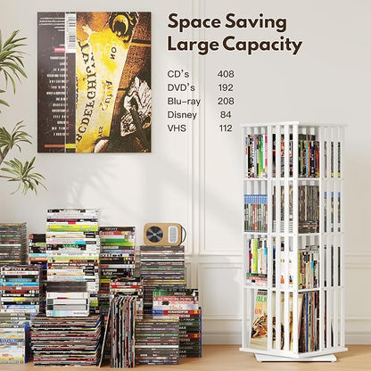 XIMN 360° Rotating Bamboo CD/DVD Shelf - 6-Tier Space-Saving Media Storage Cabinet for Movies, Organizer with Super Compact Design (White, 4 Tier)