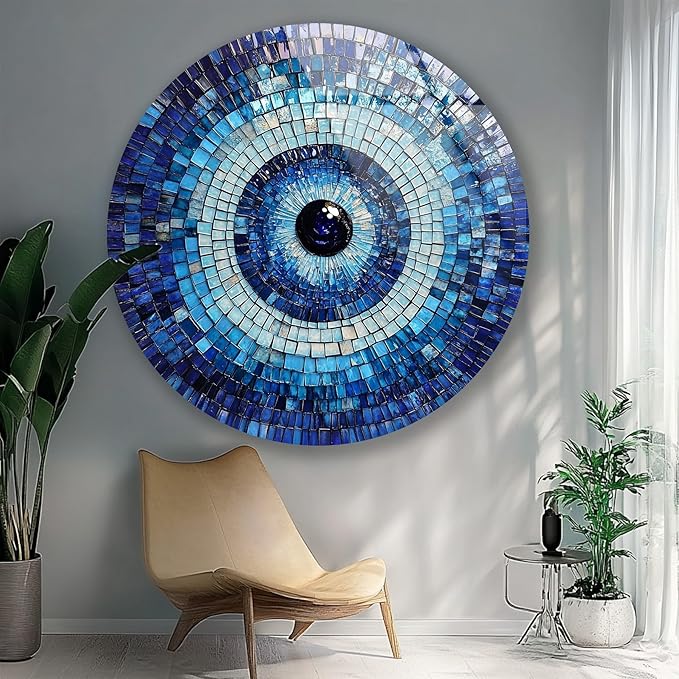 My Photostation.com 20''(50cm) Diameter Blue Mosaic Evil Eye Round Glass Wall Art Tempered Glass Printing Wall Decor Large Wall Art Wall Hangings