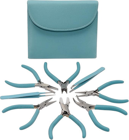 The Beadsmith Fashion Color Pliers – Set of 8 Slimline Color-Coordinated Tools – Matching Clutch in Light Blue – Jewelry Making Supply Kit to Create Necklaces, Bracelets, Earrings & More