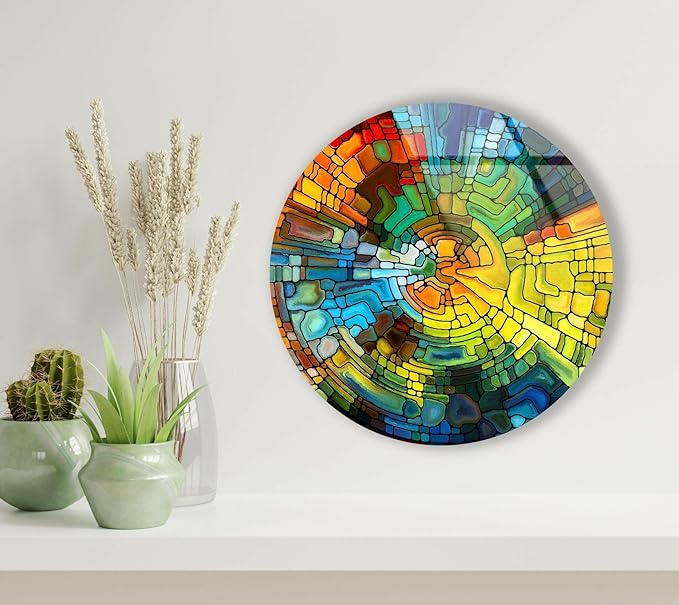 My Photostation.com 15.8''(40cm) Diameter Stained Yellow Round Glass Wall Art Tempered Glass Printing Wall Decor Large Wall Art Wall Hangings