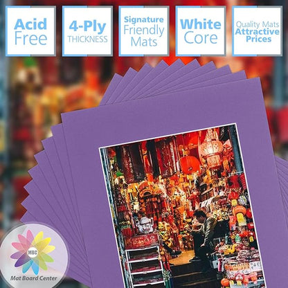 Mat Board Center, Pack of 10, 11x14 for 8x10 Purple Color Mats - Bevel Cut, Acid Free, 4-ply Thickness, White Core - for Pictures, Photos, Framing