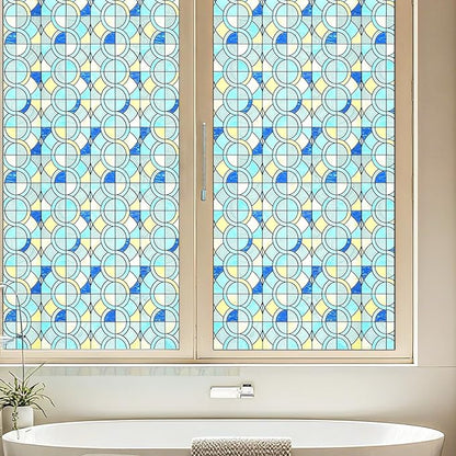 Window Privacy Film, Frosted Glass Decorative Static Cling, Removable Sun Blocking Vinyl Covering, Window Film for Home Kitchen Living Room Bathroom, Geometric Rings, 17.5" x 78.7 "
