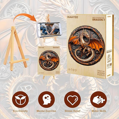 KAAYEE Wooden Puzzles for Adults, 3D Vision Mechanical Dragon Wooden Jigsaw Puzzles, Unique Shape Advanced Wood Puzzle Adult, Birthday Fathers Family Games (L-13.4 * 13.3in-300pcs)