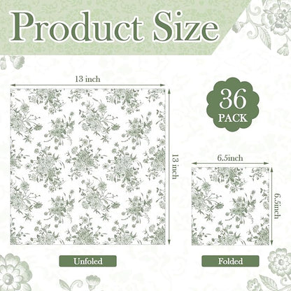 Epakh 36 Pack 6 Style Sage Green Decoupage Paper Napkins Assorted Floral Decorative Decoupage Napkin Chinoiserie Cocktail Paper for DIY Crafting Fall Christmas Wedding Party Decor, Each Unfolded 13''