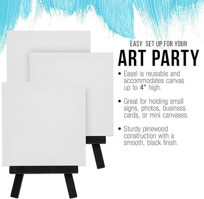 U.S. Art Supply 3" x 3" Stretched Canvas with 5" Mini Easel Kit (12 Pack) - Black Wooden A-Frame Tabletop Display Stand, Mini Easel Stand - Small Easels for Display, Small Canvases, Crafts, Photos