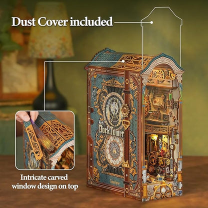 Tonecheer DIY Book Nook Kit for Adults, 3D Wooden Puzzle Bookend Miniature House Kit, Booknook Bookshelf Insert Decor with Dust Cover and LED Lights Gifts (Clock Tower)