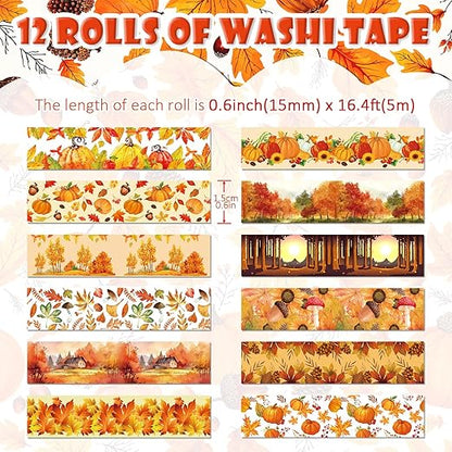 12 Rolls Autumn Washi Tape Set, Fall Maple Leaves Pumpkin Sunflower Thanksgiving Decorative Tape for Bullet Journal, Planner, DIY Arts Crafts, Scrapbooking, Gift Wrapping 16.4FT