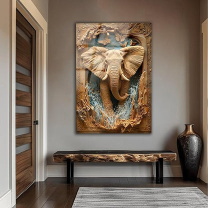 SpiritualHands Rustic Elephant Printed Tempered Glass Wall Art Painting for Living Room, Tempered Glass Modern Prints Decor, Large Vivid Color Panel for Bedroom, Kitchen, or Office