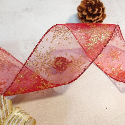 CT CRAFT LLC Organza with Red Glitter Snowflakes Wired Ribbon 2.5 inch x 50 Yards for Christmas Home Decor Tree Topper Bow Gift Wrapping DIY Crafts Wreath Garland Wedding