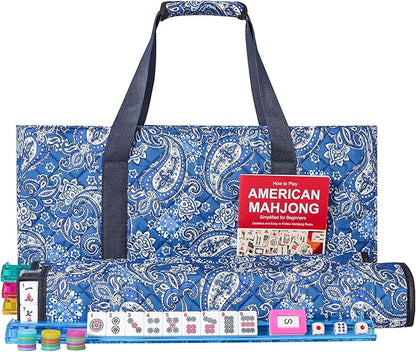 American Mahjong Game Set, 166 Quality White Tiles, 4 All-in-One Color Rack/Pushers, Mahjong Tile Set with Blue Printed Carrying Bag