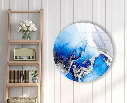 My Photostation.com 15.8''(40cm) Diameter Blue Marble Round with Silver Details Glass Wall Art Tempered Glass Printing Wall Decor Large Wall Art Wall Hangings