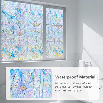 FINNEZ Window Privacy Film Stain Glass Film Flowers Rainbow Window Film Window Clings Non-Adhesive Reusable Decorative for Home（Blue Lotus，45.2 Inch x 13.1 Feet）