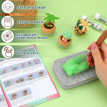 Yizzvb Needle Felting Kit, 6 Pcs Succulent Felting Kit for Beginner, Felting Kit, Needle Felting Tools Including Wool Roving, Foam Mat, Felting Needles and Instructions for DIY Felting Starters