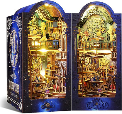 DIY Book Nook Kit Dollhouse Magic Booknook Bookshelf Insert Decor 3D Wooden Puzzle Bookend Miniature Kit with Sensor Light Creative Craft/Home Decoration for Adult (Interstellar Exploration)