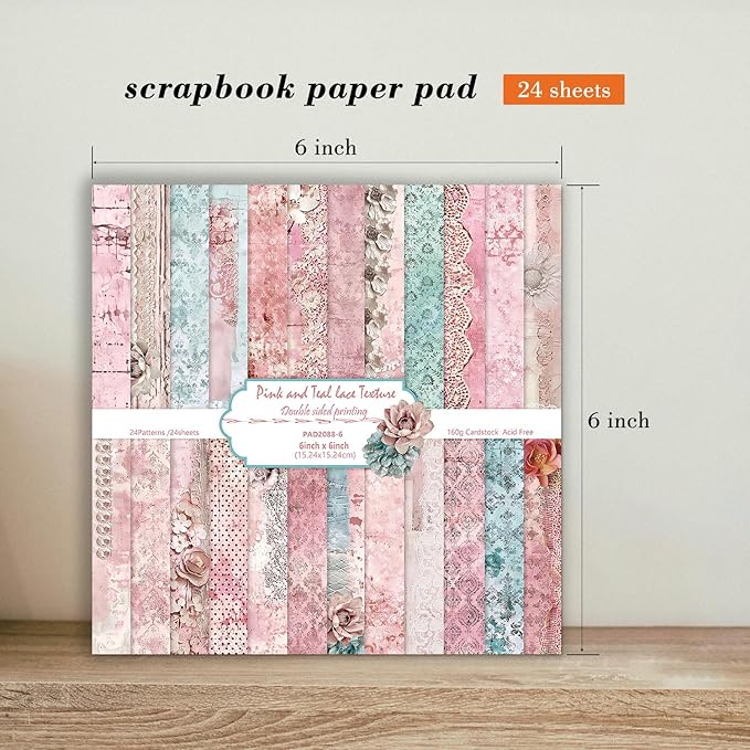 6 Inch Retro Pink Scrapbooking Paper Pad - 24 Sheets Double Sided Aesthetic Design Cards Paper for Photos Album Journals Material Decorative Collage Origami DIY Crafts Gifts Wrapping
