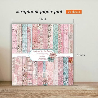 6 Inch Retro Pink Scrapbooking Paper Pad - 24 Sheets Double Sided Aesthetic Design Cards Paper for Photos Album Journals Material Decorative Collage Origami DIY Crafts Gifts Wrapping